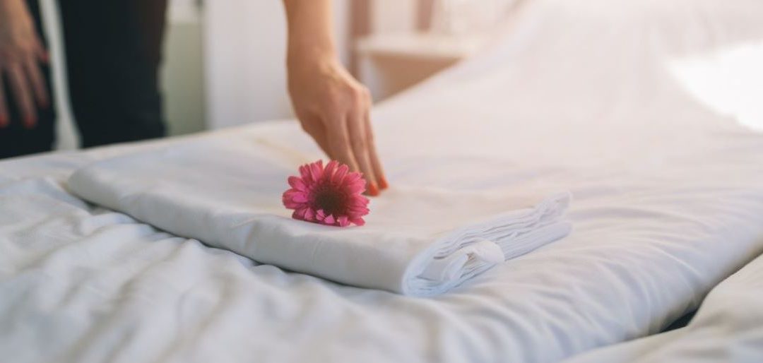 Mano de mujer con flor formándose como limpiadora de hoteles